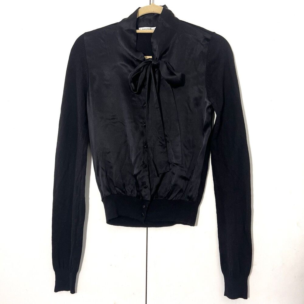 Viktor & Rolf H&M Cardigan Womens XS Black Silk Wool Tie Neck Modest Work Wear
